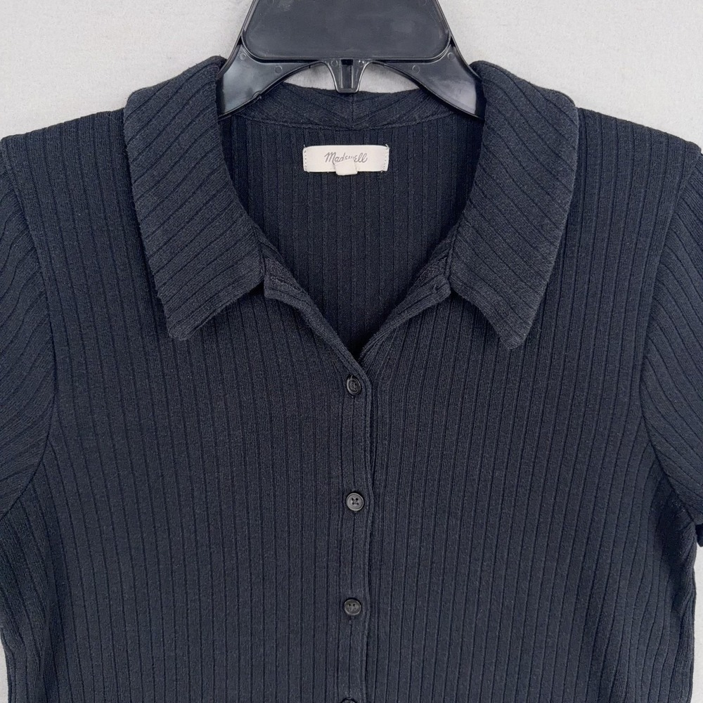Madewell Shirt Womens Large Black Short Sleeve Ribbed Knit Polo Button Front Top - Picture 3 of 14